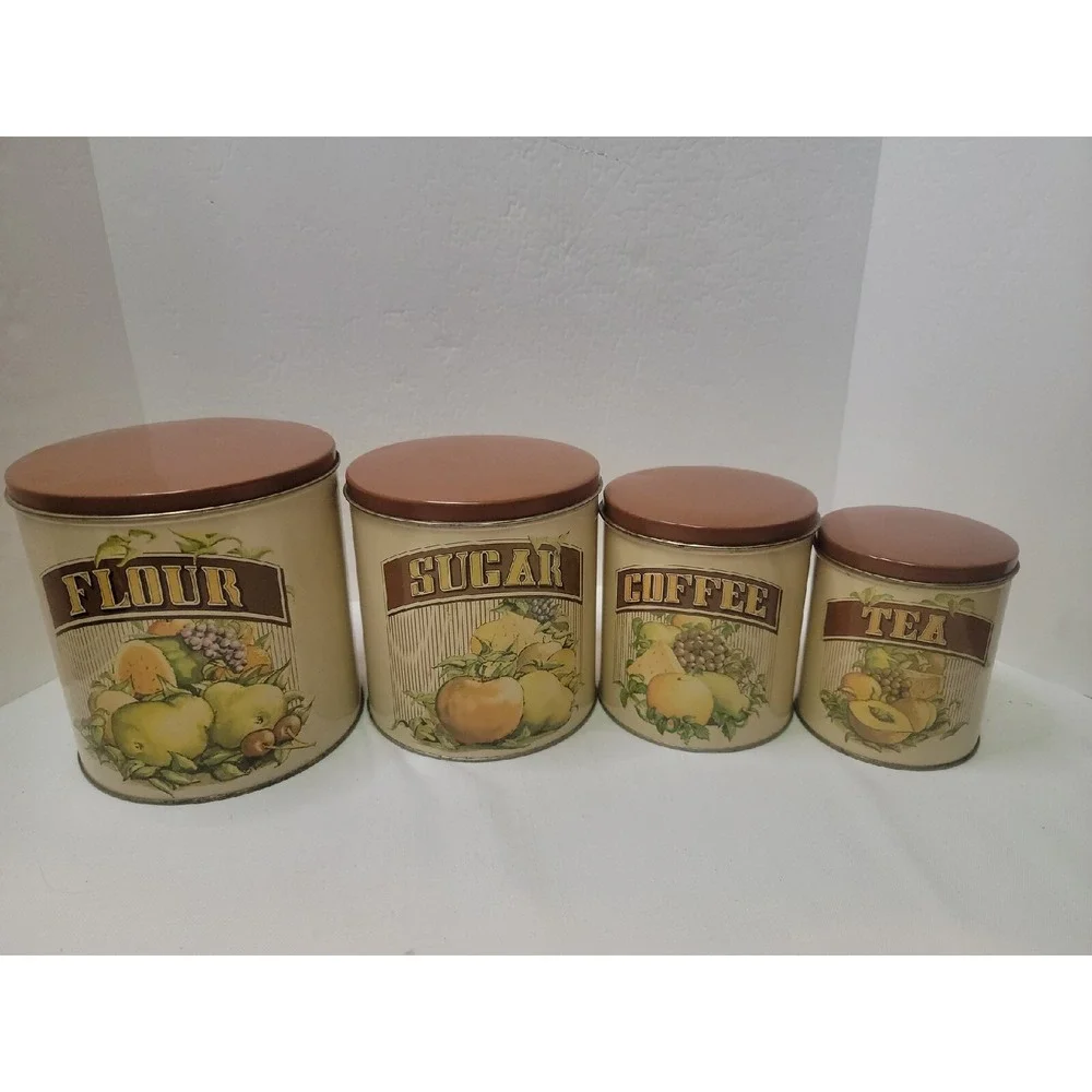 Vintage Rare Cheinco Tin Nesting Round Canister Set‎ Fruit Pattern No Rust